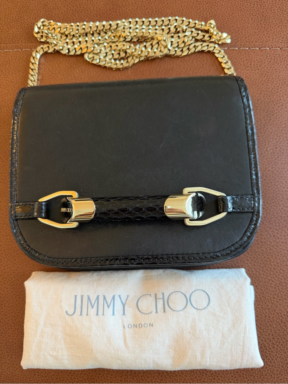 Jimmy Choo Black Leather Crossbody with Gold Chain and Buckle Detail